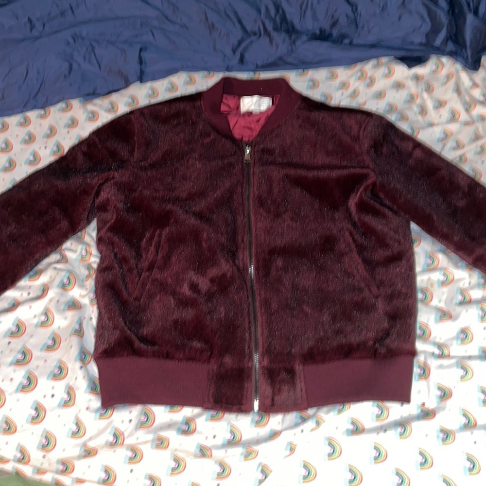 J.O.A. Los Angeles burgundy faux fur bomber jacket